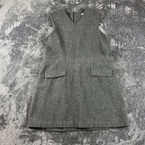 Vtg Eddie Bauer Wool Blend Herringbone Gray Shift Dress Women's 14P V-Neck